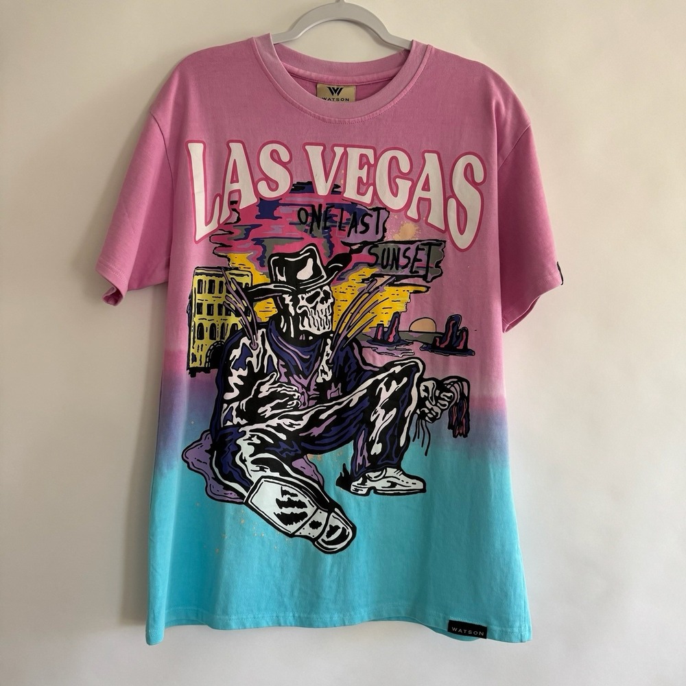 Watson One Last‎ Sunset Shirt Las Vegas Pink Blue Ombre L Skeleton Cowboy